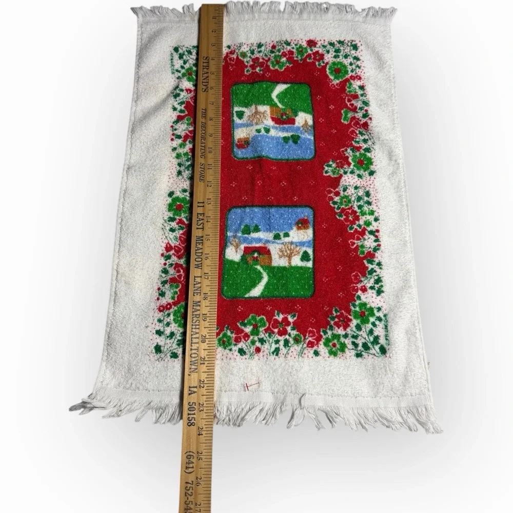Vtg Cannon‎ Kitchen Hand Towel Christmas Cabin Snow Blue  Holiday Vintage Fringe